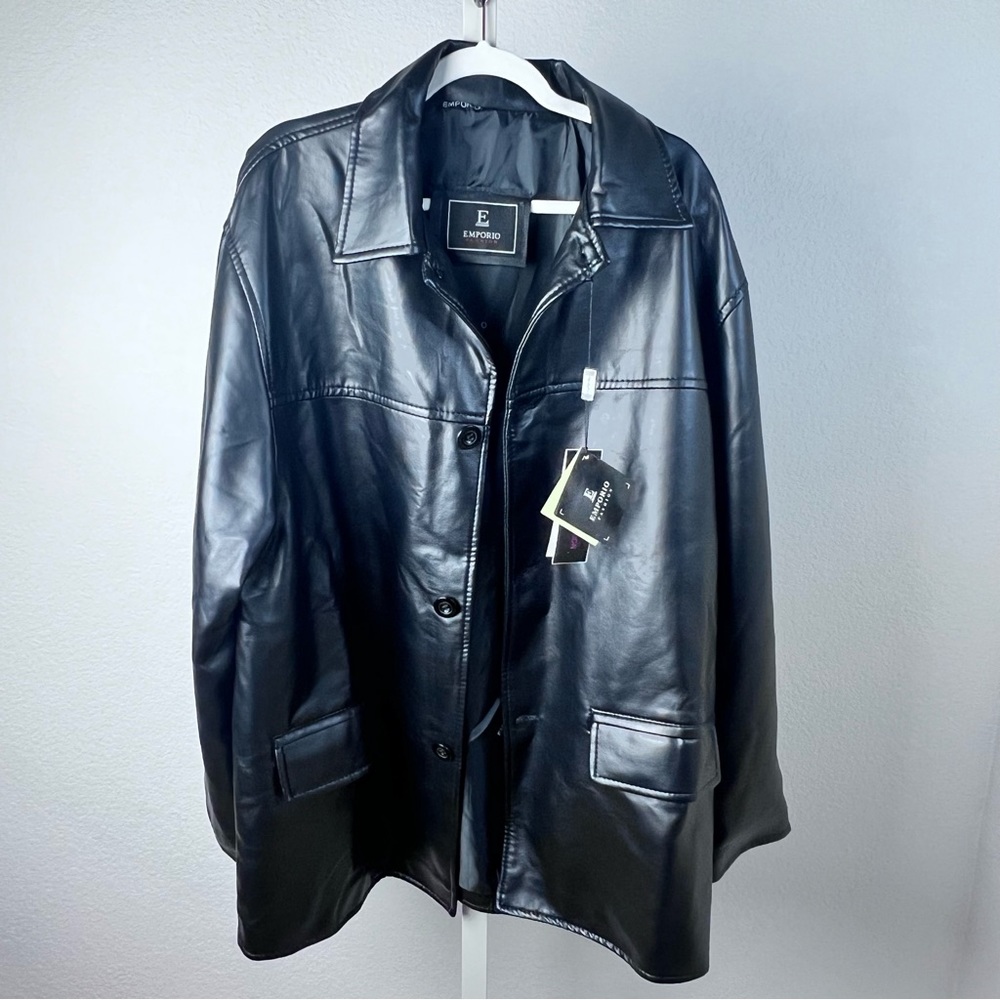 Emporio Fashion Italian high quality synthetic leather black coat jacket unisex